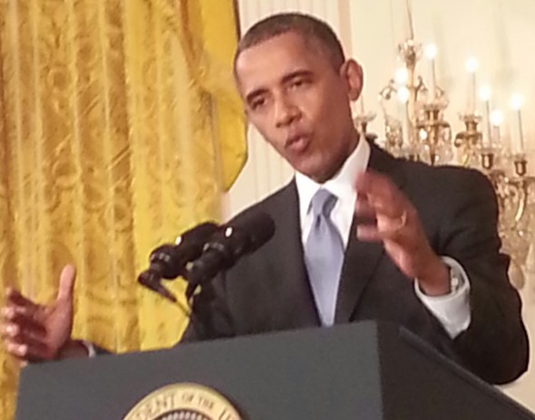 President Obama at my last White House press conference in August. (Photo by Rick Dunham)