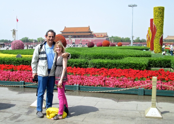 Ken and Sharon in Tian'anmen Square, with the Forbidden City in the background.